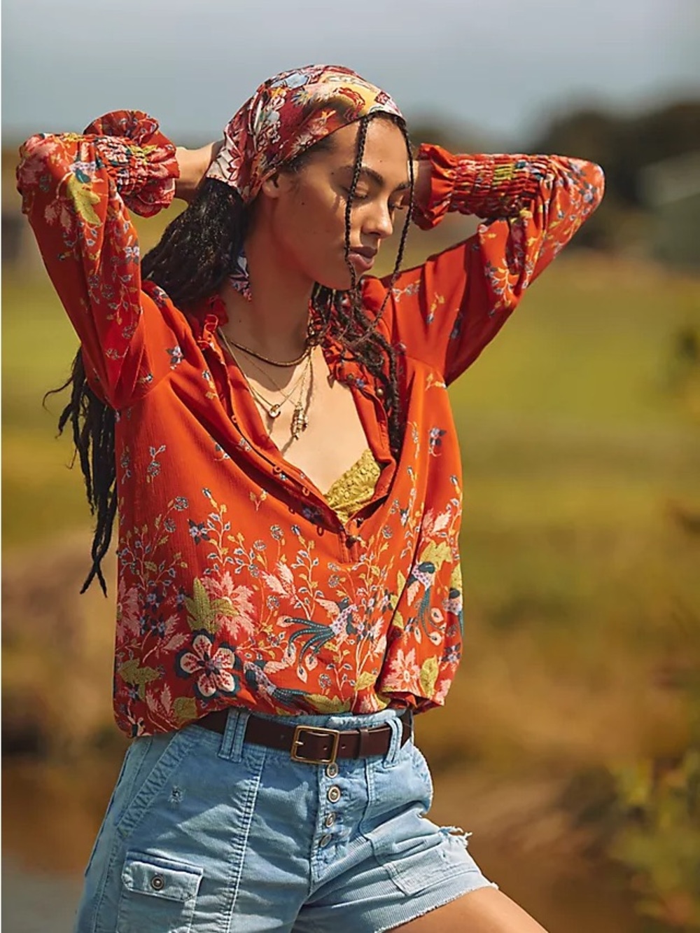 Anthropologie Floral V-Neck Long-Sleeve Blouse - Red Orange